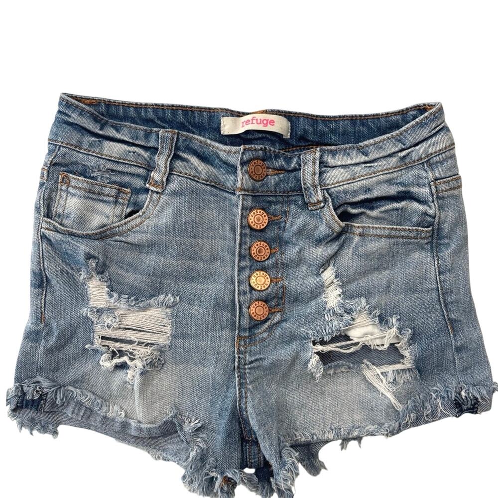 Y2K Refuge high waisted button fly micro mini shorts sz 2 distress boho western